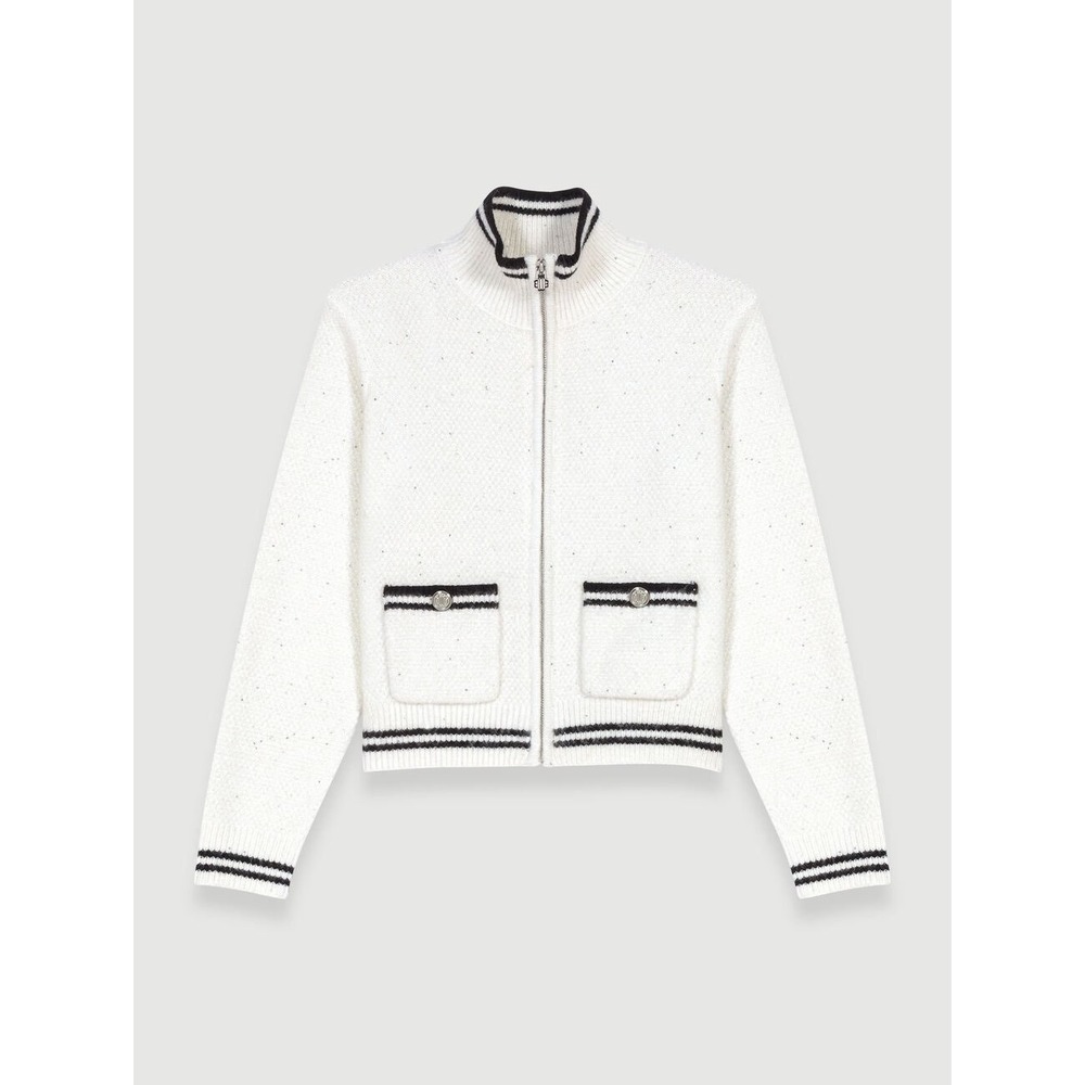 Maje Moopette Sequin Zip Cardigan Sweater Ecru White Striped Trim 123MOOPETTE T3